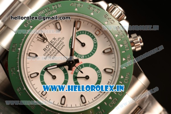 Rolex Daytona Chronograph 7750 Auto Steel Case with White Dial and Steel Bracelet - Green Ceramic (BP) - Click Image to Close