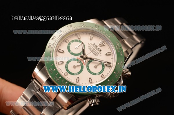 Rolex Daytona Chronograph 7750 Auto Steel Case with White Dial and Steel Bracelet - Green Ceramic (BP) - Click Image to Close