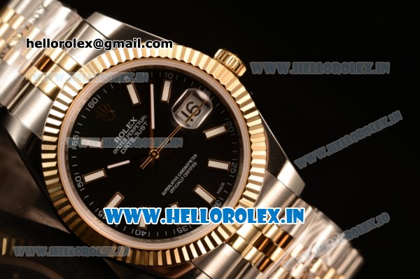 Rolex Datejust 37mm Swiss ETA 2836 Automatic Two Tone with Black Dial and Stick Markers - Click Image to Close