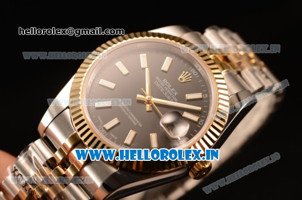 Rolex Datejust 37mm Swiss ETA 2836 Automatic Two Tone with Black Dial and Stick Markers - Click Image to Close