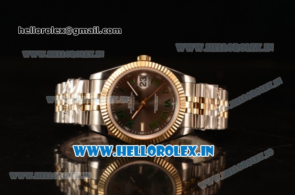 Rolex Datejust 37mm Swiss ETA 2836 Automatic Two Tone with Grey Dial and Green Roman Markers - Click Image to Close