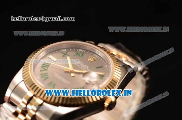 Rolex Datejust 37mm Swiss ETA 2836 Automatic Two Tone with Grey Dial and Green Roman Markers - Click Image to Close
