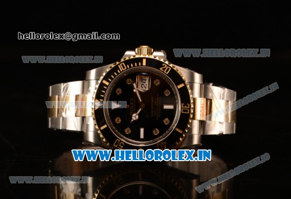 Rolex Submariner Swiss ETA 2836 Automatic Two Tone Case/Bracelet with Black Dial Diamonds (BP) - Click Image to Close