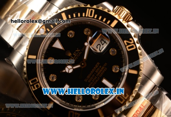 Rolex Submariner Swiss ETA 2836 Automatic Two Tone Case/Bracelet with Black Dial Diamonds (BP) - Click Image to Close