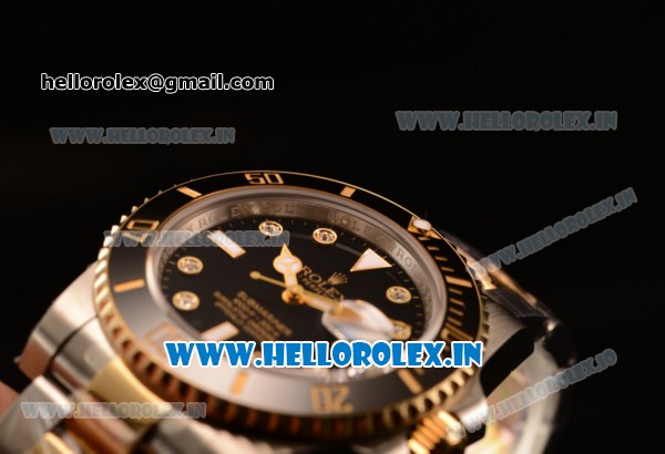 Rolex Submariner Swiss ETA 2836 Automatic Two Tone Case/Bracelet with Black Dial Diamonds (BP) - Click Image to Close