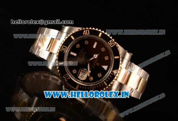 Rolex Submariner Swiss ETA 2836 Automatic Two Tone Case/Bracelet with Black Dial Diamonds (BP) - Click Image to Close