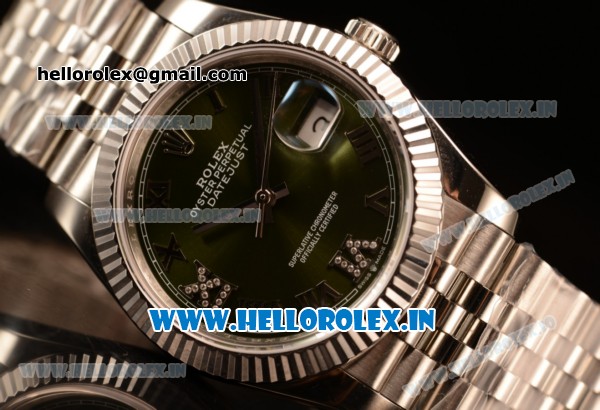 Rolex Datejust 37mm Swiss ETA 2836 Automatic Steel Case with Jubilee Steel Bezel Green Dial Roman Steel Bracelet - Click Image to Close