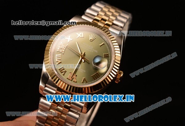 Rolex Datejust 37mm Swiss ETA 2836 Automatic Two Tone with Green Dial and Roman Diamonds Markers - Click Image to Close