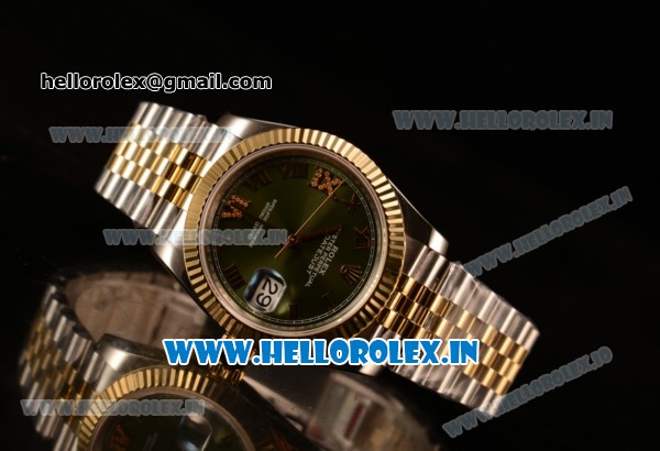 Rolex Datejust 37mm Swiss ETA 2836 Automatic Two Tone with Green Dial and Roman Diamonds Markers - Click Image to Close