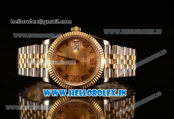 Rolex Datejust 37mm Swiss ETA 2836 Automatic Two Tone with Gold Dial and Roman Diamonds Markers - Click Image to Close