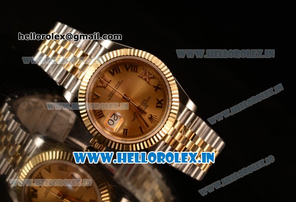 Rolex Datejust 37mm Swiss ETA 2836 Automatic Two Tone with Gold Dial and Roman Diamonds Markers - Click Image to Close