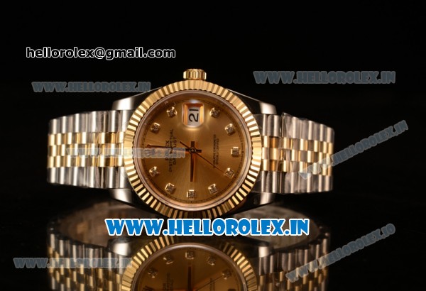 Rolex Datejust 37mm Swiss ETA 2836 Automatic Two Tone with Gold Dial and Diamonds Markers - Click Image to Close