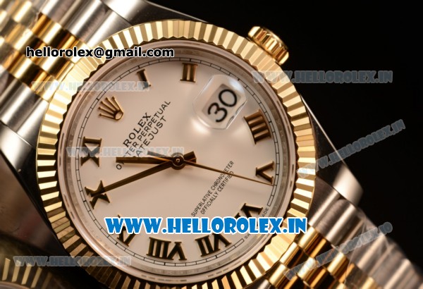 Rolex Datejust 37mm Swiss ETA 2836 Automatic Two Tone with White Dial and Roman Markers - Click Image to Close