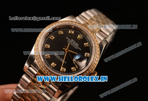 Rolex Datejust 37mm Swiss ETA 2836 Automatic Two Tone with Black Dial and Diamods Markers Diamonds Bezel - Click Image to Close