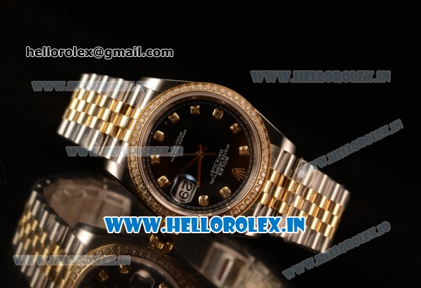 Rolex Datejust 37mm Swiss ETA 2836 Automatic Two Tone with Black Dial and Diamods Markers Diamonds Bezel - Click Image to Close