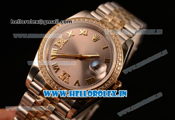 Rolex Datejust 37mm Swiss ETA 2836 Automatic Two Tone with Pink Dial and Roman Markers Diamonds Bezel - Click Image to Close