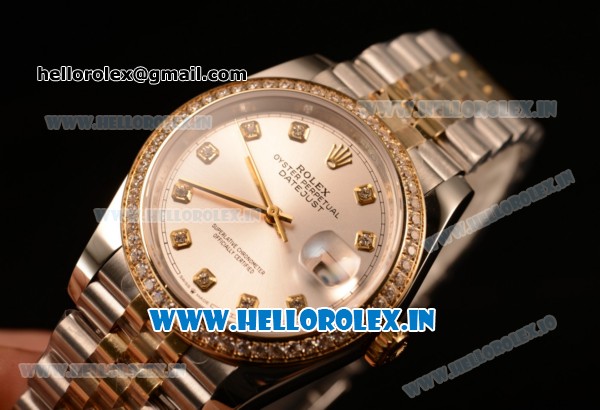 Rolex Datejust 37mm Swiss ETA 2836 Automatic Two Tone with Sliver Dial and Diamods Markers Diamonds Bezel - Click Image to Close