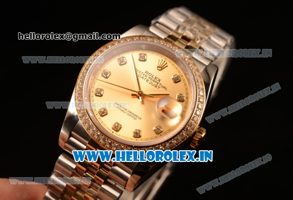 Rolex Datejust 37mm Swiss ETA 2836 Automatic Two Tone with Gold Dial and Diamods Markers Diamonds Bezel - Click Image to Close