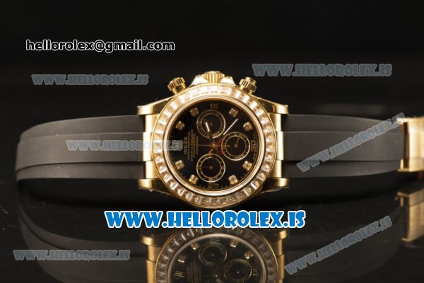 Rolex Daytona Black Dial And Bezel With Yellow Gold Case Euipment Rolex 4130 With Rubber Strap(EF) - Click Image to Close