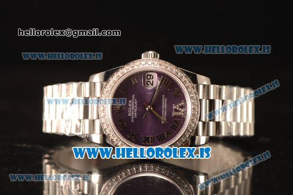 Rolex Datejust 31 Steel 2836 Auto With Steel Bracelet Purple Dial Roman Diamond Bezel - Click Image to Close