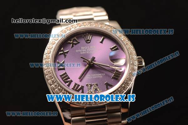Rolex Datejust 31 Steel 2836 Auto With Steel Bracelet Purple Dial Roman Diamond Bezel - Click Image to Close