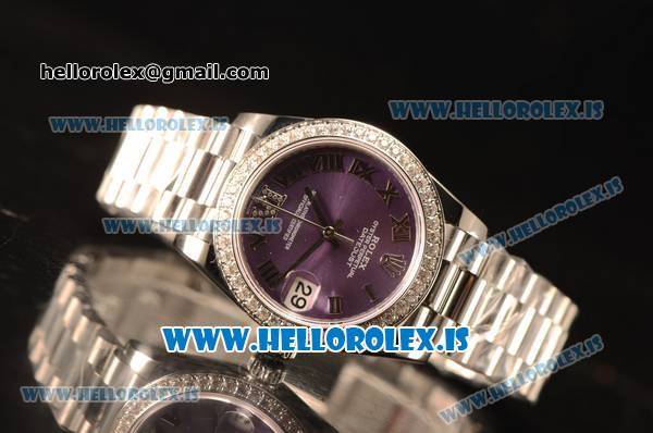 Rolex Datejust 31 Steel 2836 Auto With Steel Bracelet Purple Dial Roman Diamond Bezel - Click Image to Close