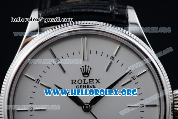 Rolex Cellini Clone Rolex 3132 Automatic Steel Case with White Dial Black Leather Strap - (BP) - Click Image to Close