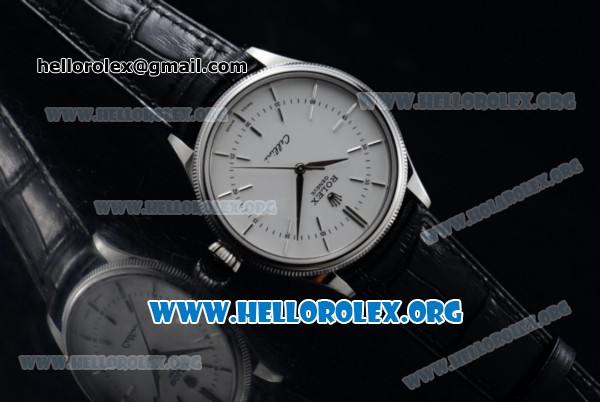 Rolex Cellini Clone Rolex 3132 Automatic Steel Case with White Dial Black Leather Strap - (BP) - Click Image to Close