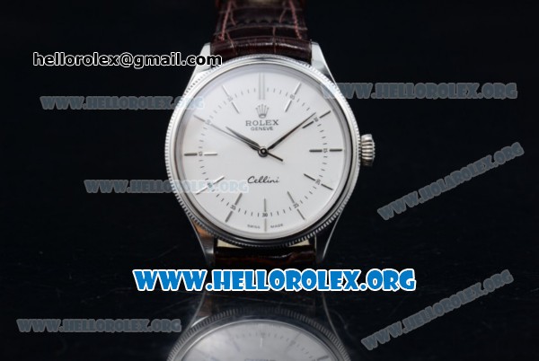 Rolex Cellini Clone Rolex 3132 Automatic Steel Case with White Dial Brown Leather Strap - (BP) - Click Image to Close