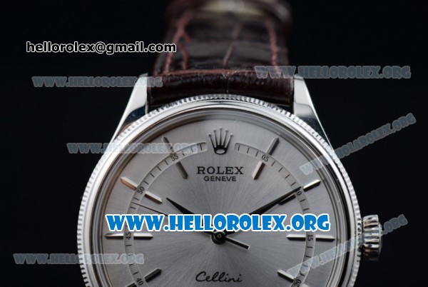 Rolex Cellini Clone Rolex 3132 Automatic Steel Case with Silver Dial Brown Leather Strap - (BP) - Click Image to Close