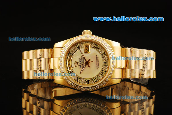 Rolex Day-Date Automatic Full Gold with Diamond Bezel and White MOP/Diamond Dial - Click Image to Close