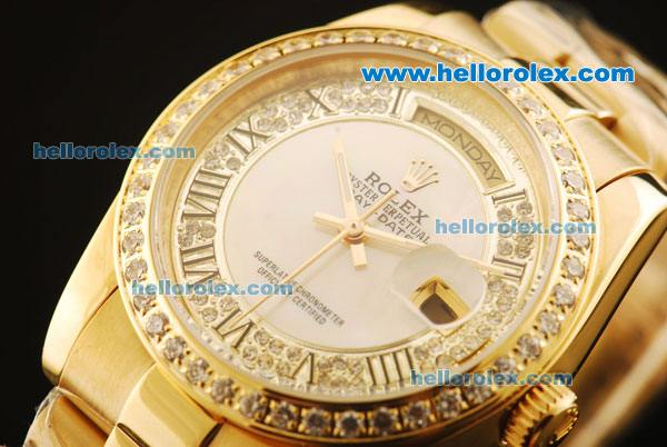 Rolex Day-Date Automatic Full Gold with Diamond Bezel and White MOP/Diamond Dial - Click Image to Close