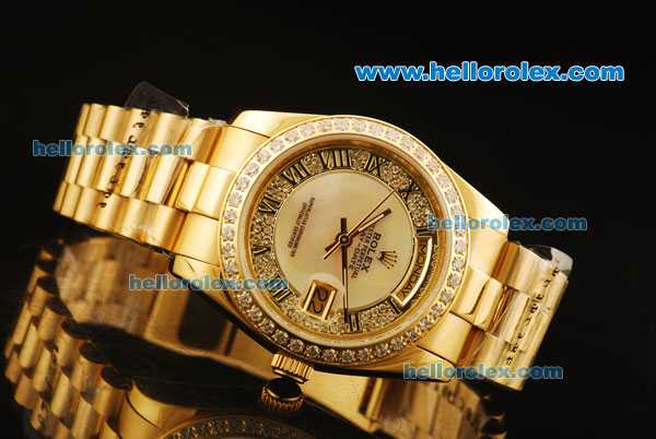 Rolex Day-Date Automatic Full Gold with Diamond Bezel and White MOP/Diamond Dial - Click Image to Close