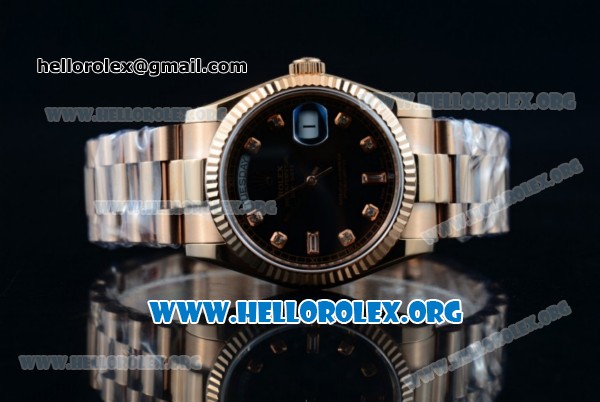Rolex Day-Date Swiss ETA 2836 Automatic Rose Gold Case with Black Dial Diamonds Markers and Rose Gold Bracelet (BP) - Click Image to Close