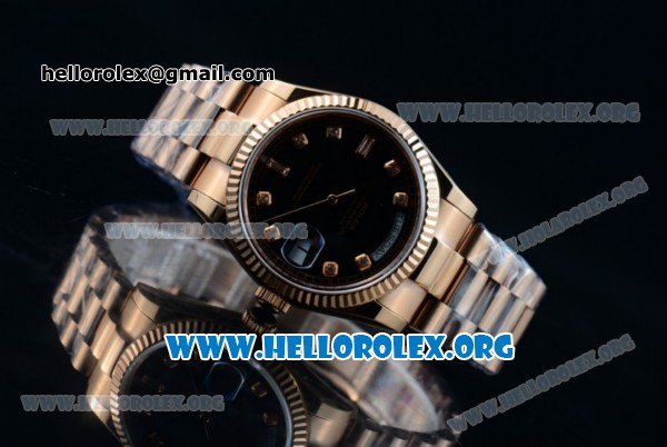 Rolex Day-Date Swiss ETA 2836 Automatic Rose Gold Case with Black Dial Diamonds Markers and Rose Gold Bracelet (BP) - Click Image to Close