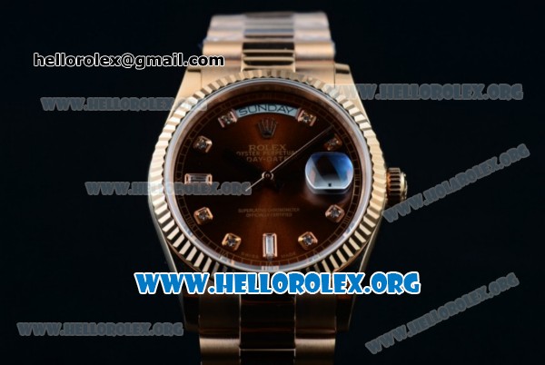 Rolex Day-Date Swiss ETA 2836 Automatic Rose Gold Case with Brown Dial Diamonds Markers and Rose Gold Bracelet (BP) - Click Image to Close