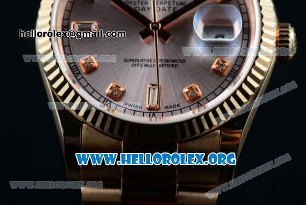 Rolex Day-Date Swiss ETA 2836 Automatic Rose Gold Case with Rose Gold Dial Diamonds Markers and Rose Gold Bracelet (BP) - Click Image to Close