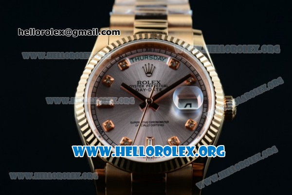 Rolex Day-Date Swiss ETA 2836 Automatic Rose Gold Case with Rose Gold Dial Diamonds Markers and Rose Gold Bracelet (BP) - Click Image to Close