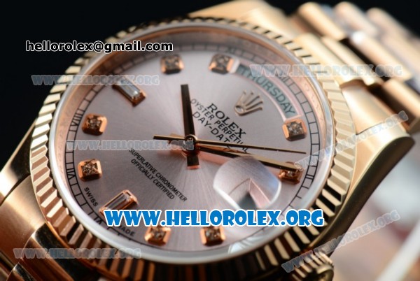 Rolex Day-Date Swiss ETA 2836 Automatic Rose Gold Case with Rose Gold Dial Diamonds Markers and Rose Gold Bracelet (BP) - Click Image to Close