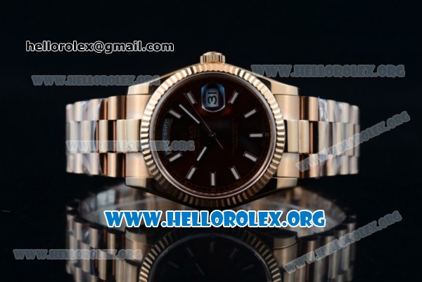 Rolex Day-Date Swiss ETA 2836 Automatic 18K Rose Gold Case with Brown Dial Stick Markers and 18K Rose Gold Bracelet (BP) - Click Image to Close