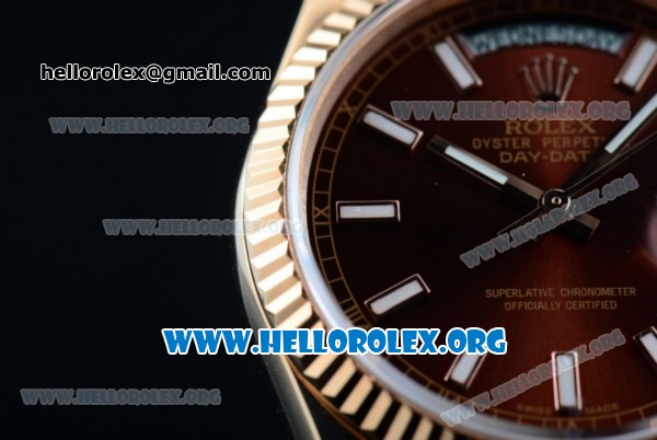 Rolex Day-Date Swiss ETA 2836 Automatic 18K Rose Gold Case with Brown Dial Stick Markers and 18K Rose Gold Bracelet (BP) - Click Image to Close