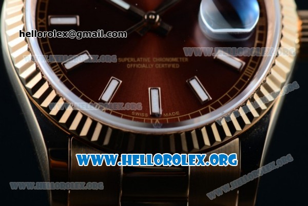 Rolex Day-Date Swiss ETA 2836 Automatic Rose Gold Case with Brown Dial Stick Markers and Rose Gold Bracelet (BP) - Click Image to Close