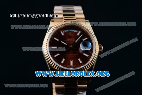 Rolex Day-Date Swiss ETA 2836 Automatic Rose Gold Case with Brown Dial Stick Markers and Rose Gold Bracelet (BP) - Click Image to Close