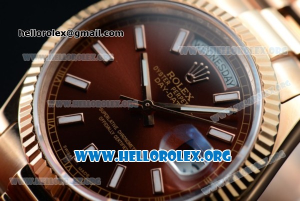 Rolex Day-Date Swiss ETA 2836 Automatic Rose Gold Case with Brown Dial Stick Markers and Rose Gold Bracelet (BP) - Click Image to Close