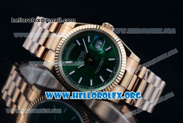 Rolex Day-Date Swiss ETA 2836 Automatic Rose Gold Case with Green Dial Stick Markers and Rose Gold Bracelet (BP) - Click Image to Close