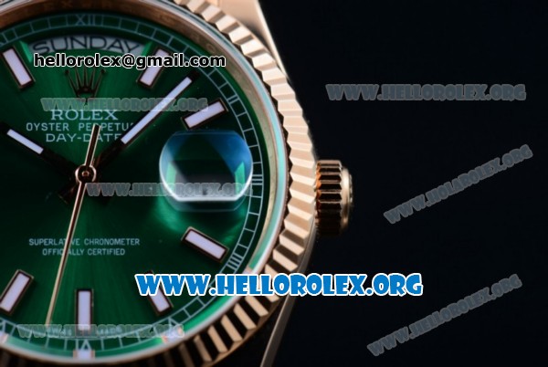 Rolex Day-Date Swiss ETA 2836 Automatic 18K Rose Gold Case with Green Dial Stick Markers and 18K Rose Gold Bracelet (BP) - Click Image to Close