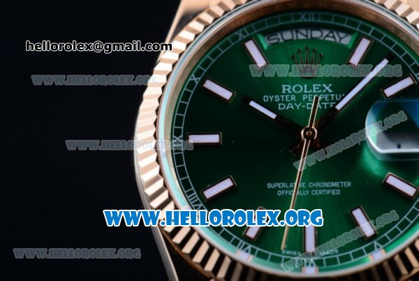 Rolex Day-Date Swiss ETA 2836 Automatic Rose Gold Case with Green Dial Stick Markers and Rose Gold Bracelet (BP) - Click Image to Close