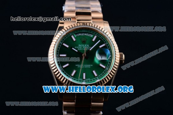 Rolex Day-Date Swiss ETA 2836 Automatic Rose Gold Case with Green Dial Stick Markers and Rose Gold Bracelet (BP) - Click Image to Close