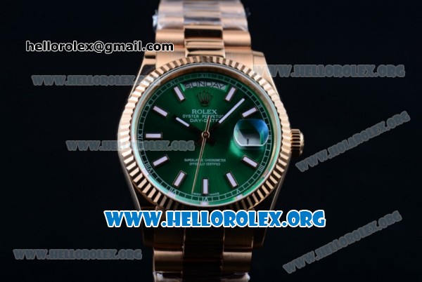 Rolex Day-Date Swiss ETA 2836 Automatic 18K Rose Gold Case with Green Dial Stick Markers and 18K Rose Gold Bracelet (BP) - Click Image to Close