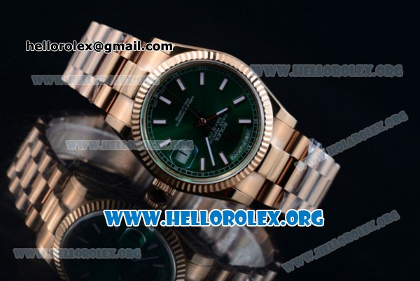 Rolex Day-Date Swiss ETA 2836 Automatic 18K Rose Gold Case with Green Dial Stick Markers and 18K Rose Gold Bracelet (BP) - Click Image to Close